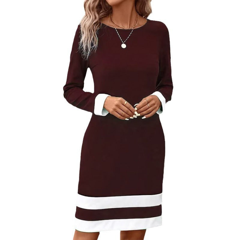 Damen Elegantes Kleid mit kontrastierenden Ärmelabschlüssen und Saum R&B
