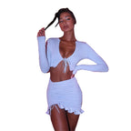 Damen Crop-Top und Mini-Rock Set mit Raffung und romantischem Volant EB