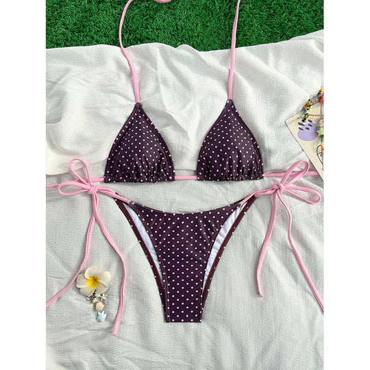 Damen Triangel-Bikini mit verspielten Bindebändern und elegantem Punktmuster R&B
