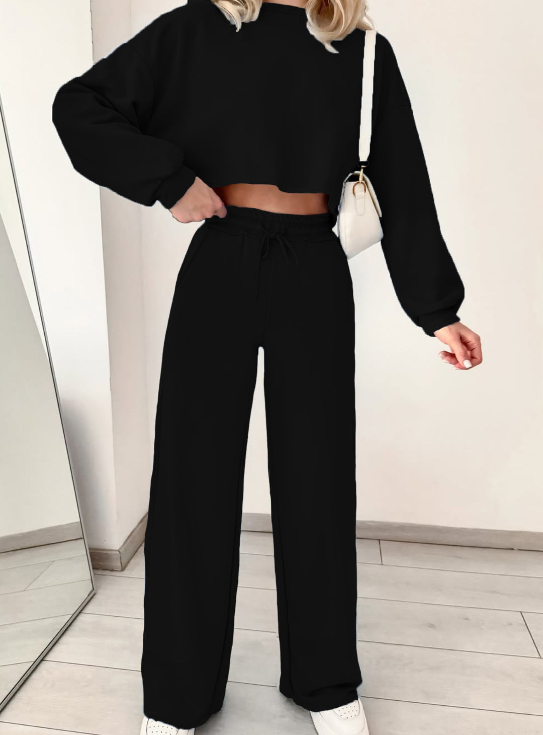 Damen lässiges Crop-Oberteil mit hoher Taille und weitem Hosenanzug R&B