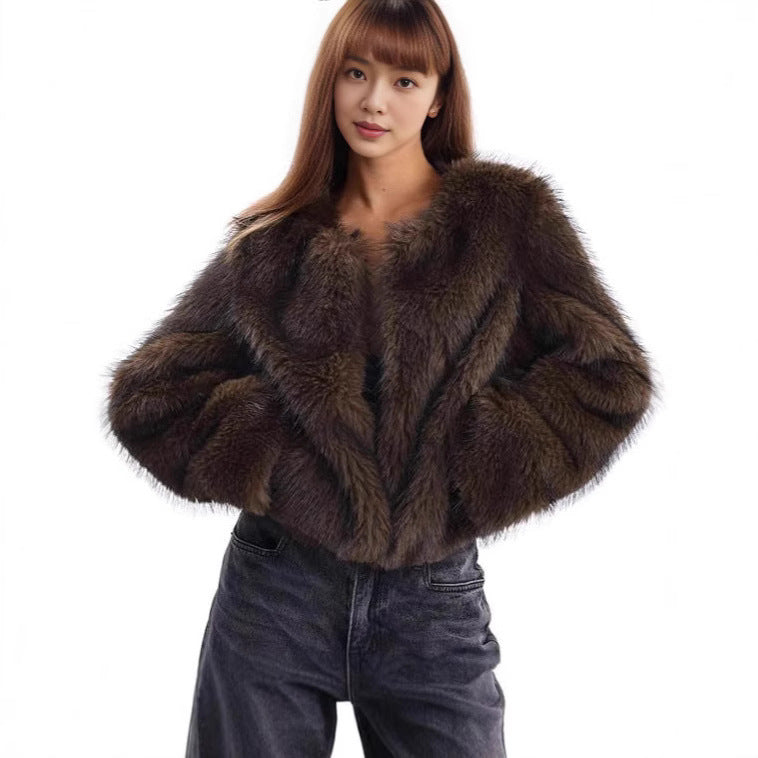 Damen Plush-Cropped-Jacke mit elegantem Fellbesatz R&B