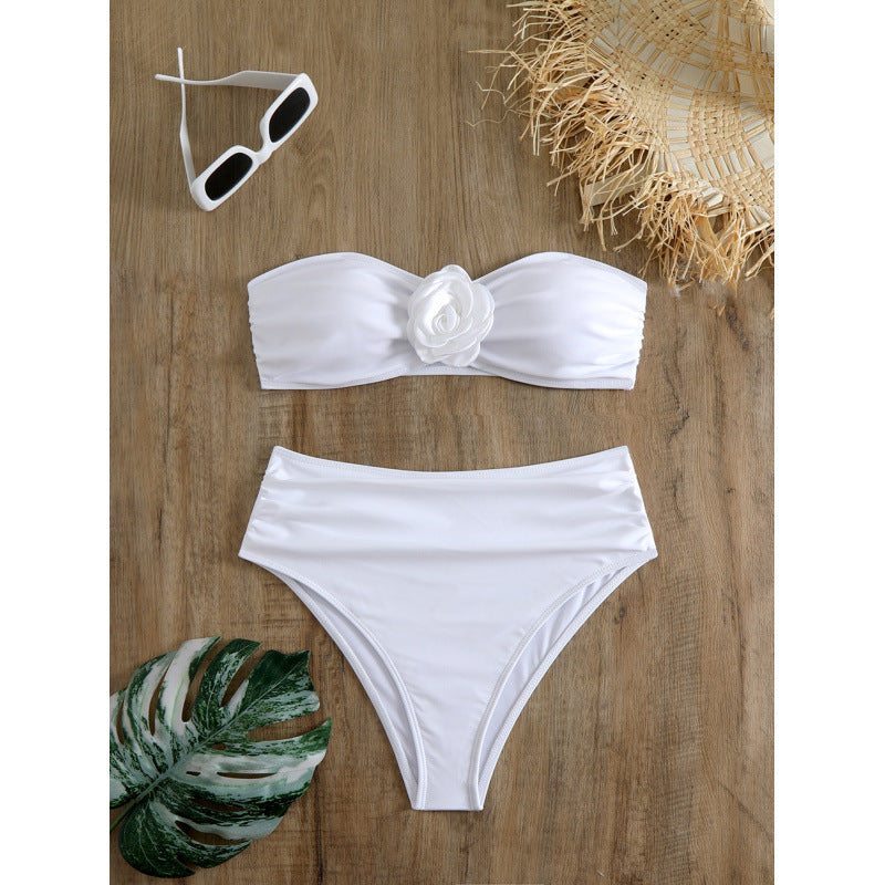 Damen Bandeau-Bikini mit floralem Detail und hochgeschnittenem Höschen R&B