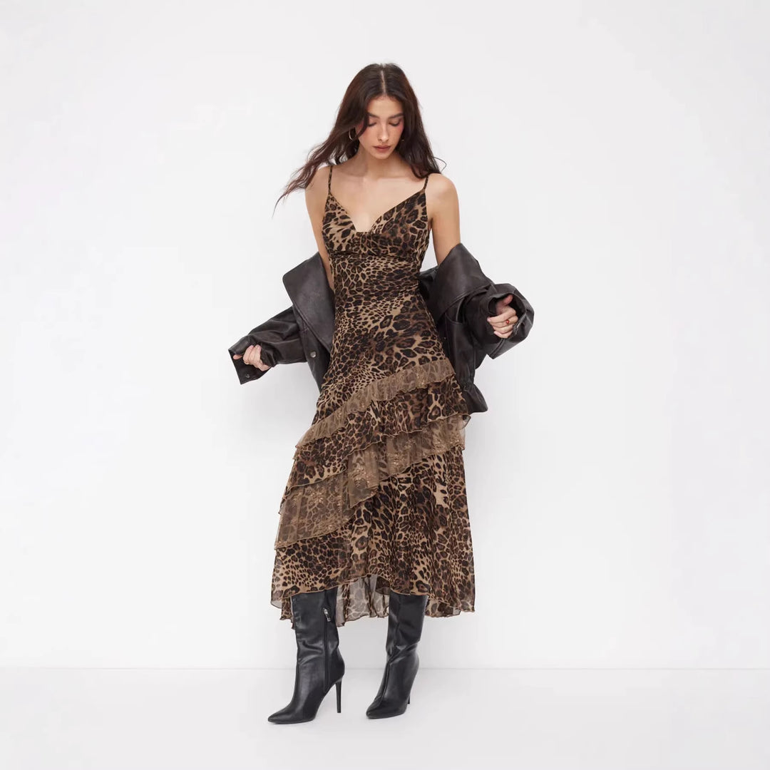 Damen elegantes Midikleid mit asymmetrischem Volant und Animal-Print R&B