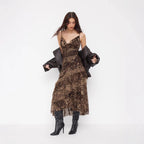 Damen elegantes Midikleid mit asymmetrischem Volant und Animal-Print R&B