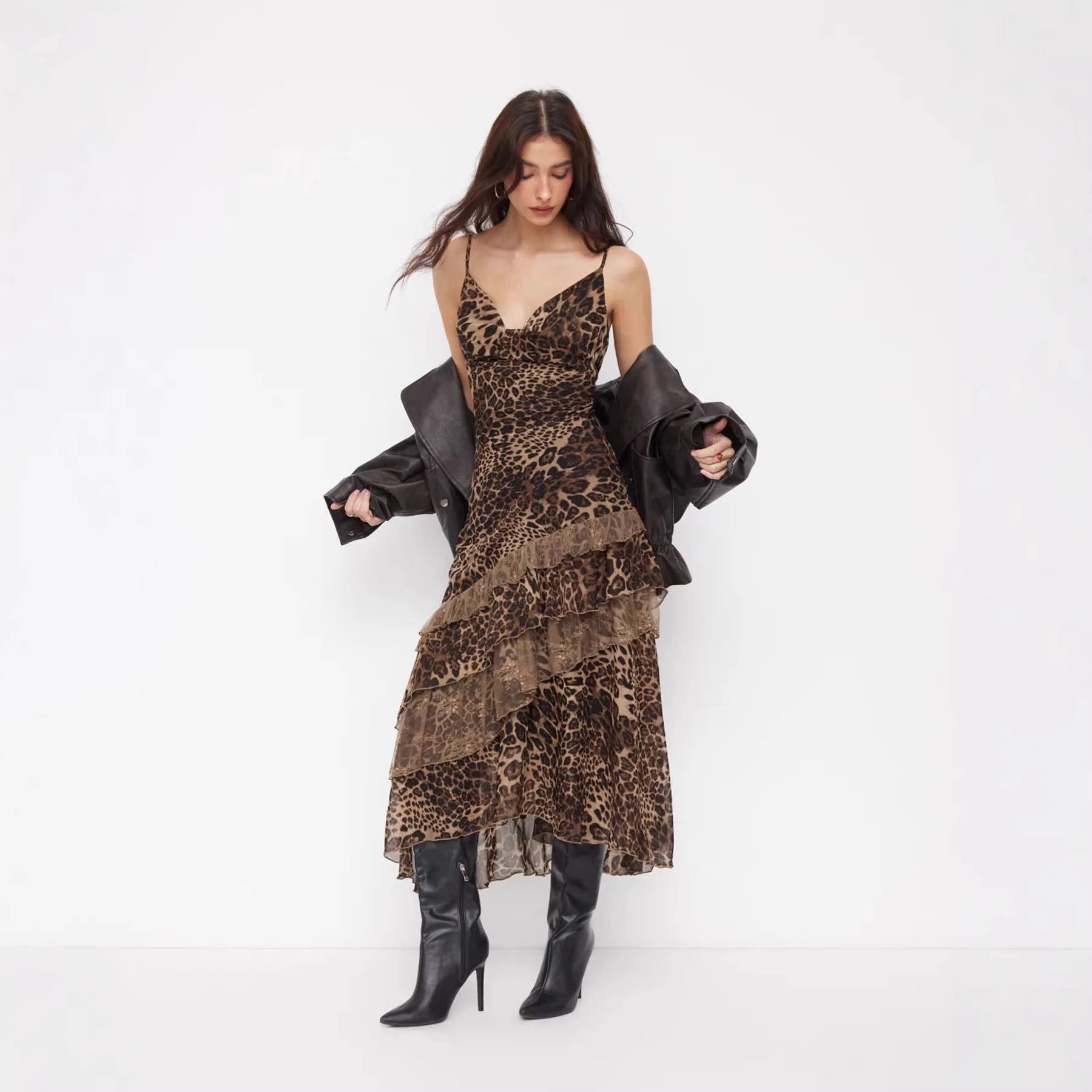 Damen elegantes Midikleid mit asymmetrischem Volant und Animal-Print R&B
