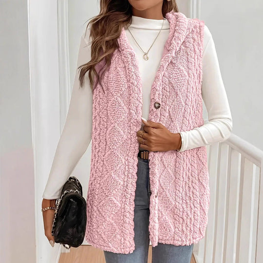 Damen Kuschelige Fleece-Weste mit Kapuze und Knopfverschluss R&B
