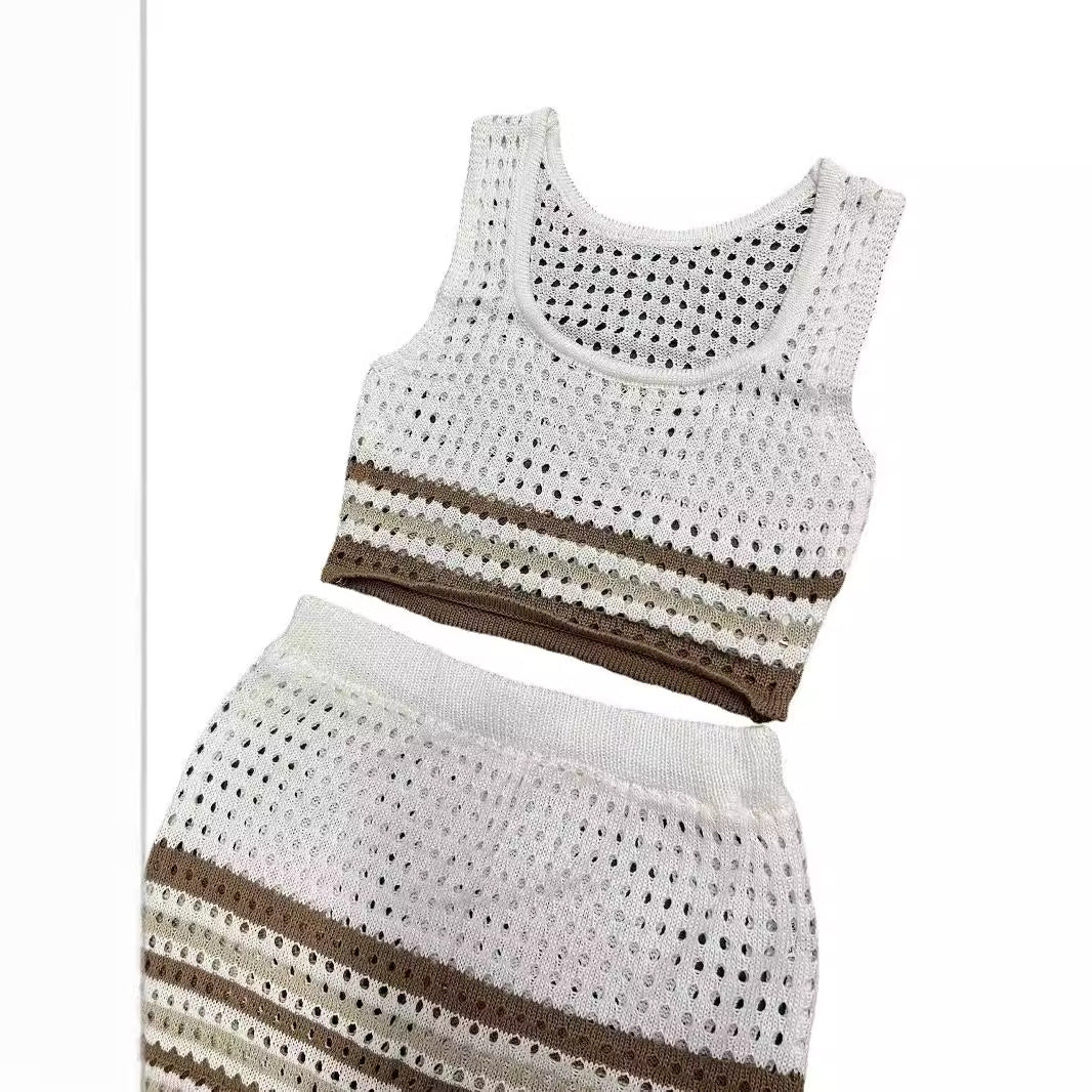 Damen elegantes gestricktes Zweiteiler-Set mit geometrischem Lochdesign R&B