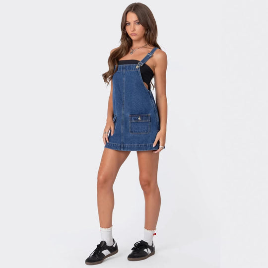 Damen Lässiges Jeanskleid mit praktischen Taschen und verstellbaren Trägern R&B
