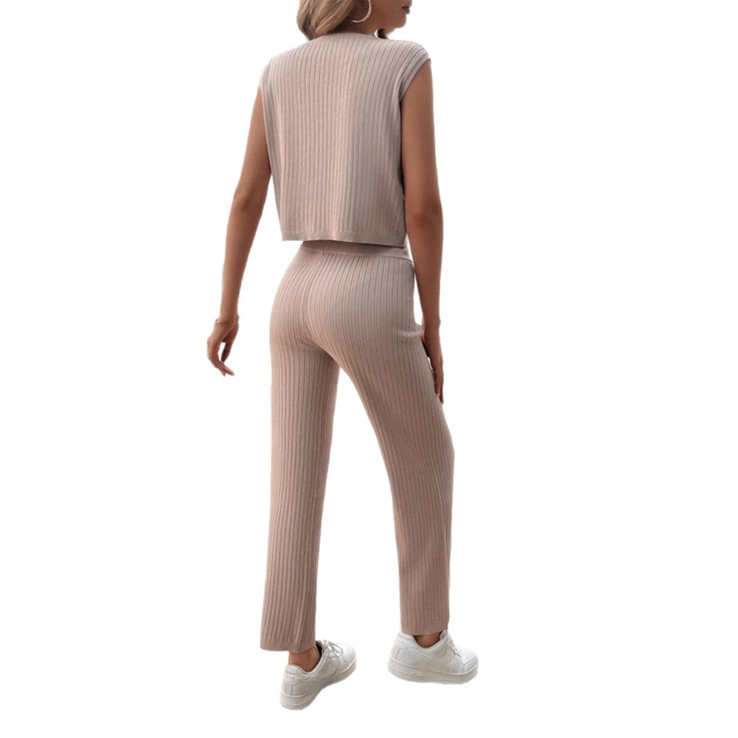 Damen Strick Zweiteiliges Set mit cropped Oberteil und weiter Hose R&B