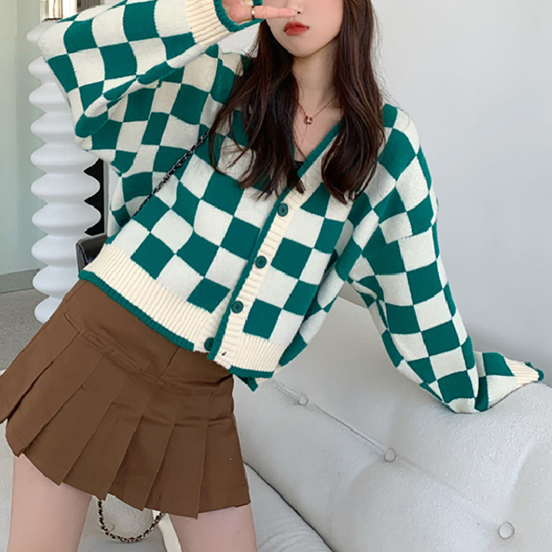 Damen Grobstrickjacke mit Karomuster und bequemen Knopfdetails R&B