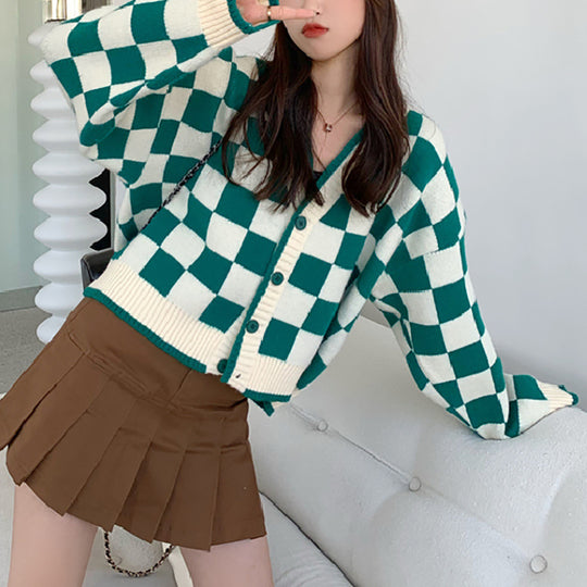 Damen Grobstrickjacke mit Karomuster und bequemen Knopfdetails R&B