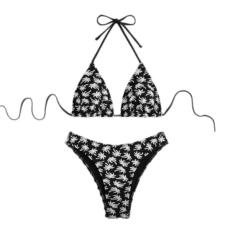 Damen Triangel-Bikini mit fröhlichem Palmenmuster und hohem Beinausschnitt R&B