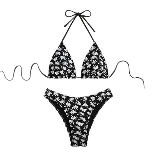 Damen Triangel-Bikini mit fröhlichem Palmenmuster und hohem Beinausschnitt R&B