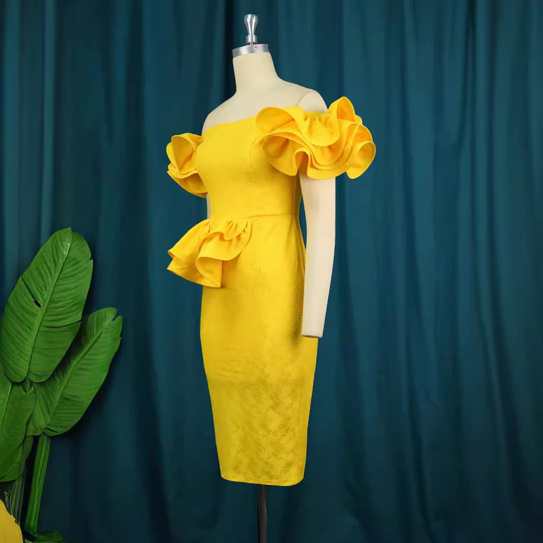 Damen figurbetontes Cocktailkleid mit voluminösen Rüschenärmeln R&B