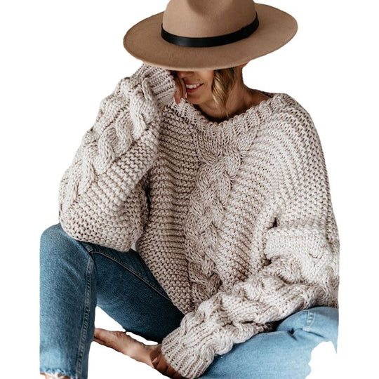 Damen Grobstrickpullover mit Zopfmuster und weitem Schnitt R&B