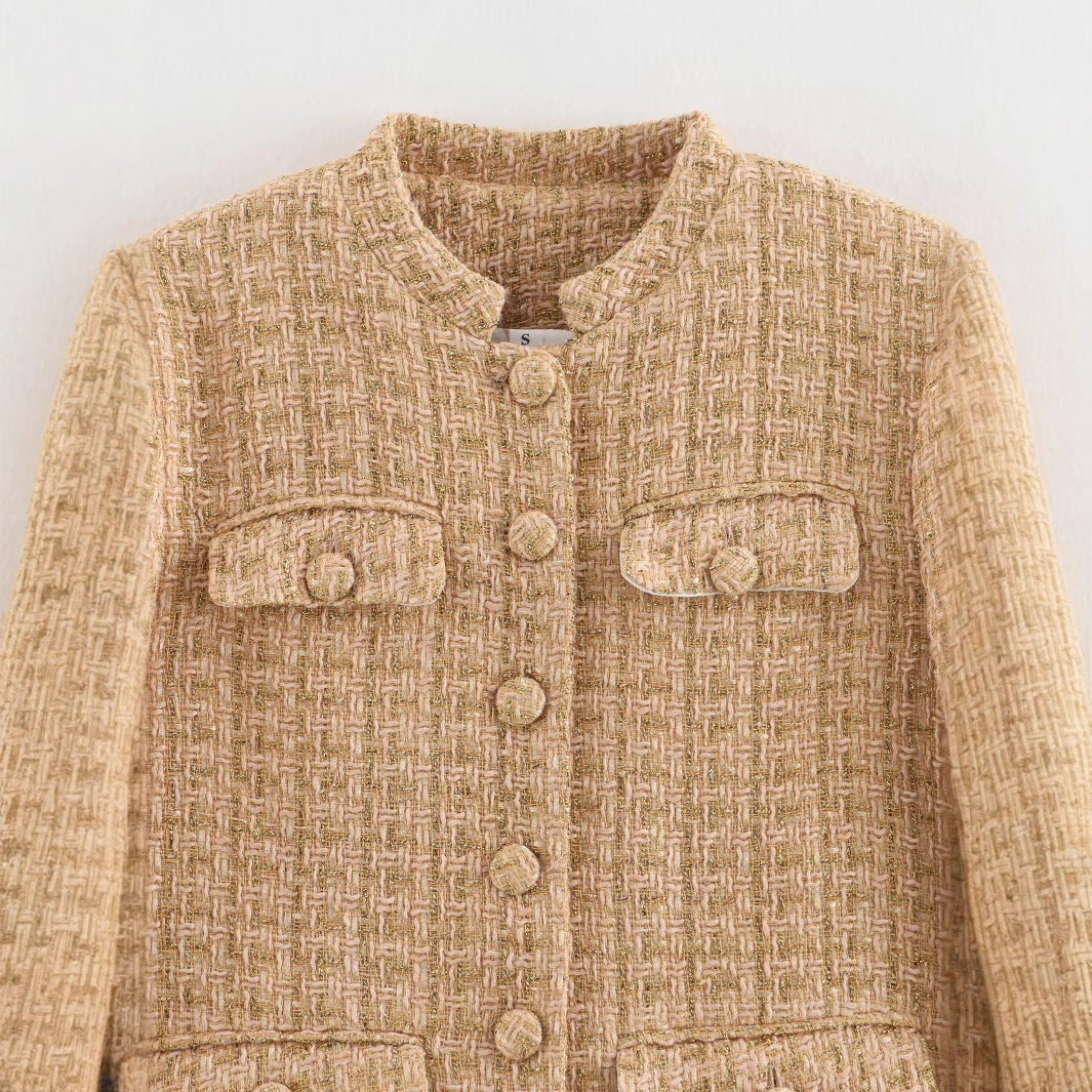 Damen elegante Blazerjacke im klassischen Tweed-Stil mit Knopfdetails R&B