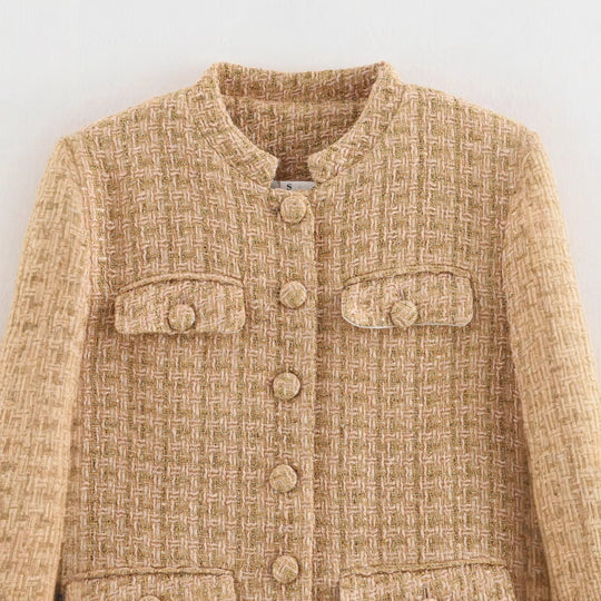 Damen elegante Blazerjacke im klassischen Tweed-Stil mit Knopfdetails R&B
