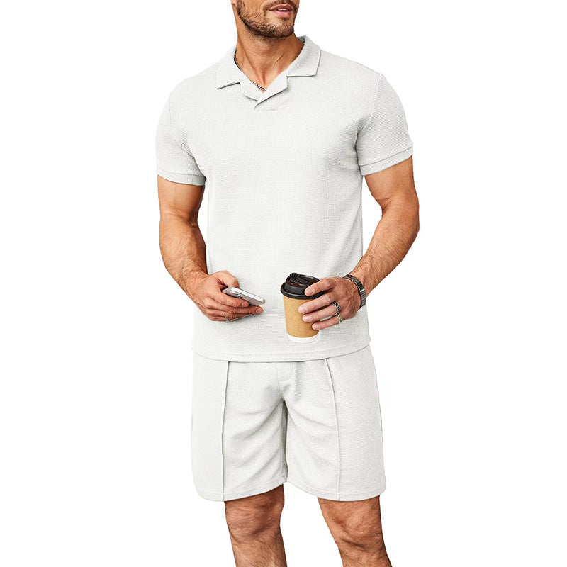 Herren nan zweiteiliges Freizeitset aus strukturierter Baumwollmischung mit Reverspolo und geraden Komfortshorts R&B
