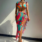 Damen Bikiniset mit Rüschendetails und farbenfrohem Wickelrock R&B