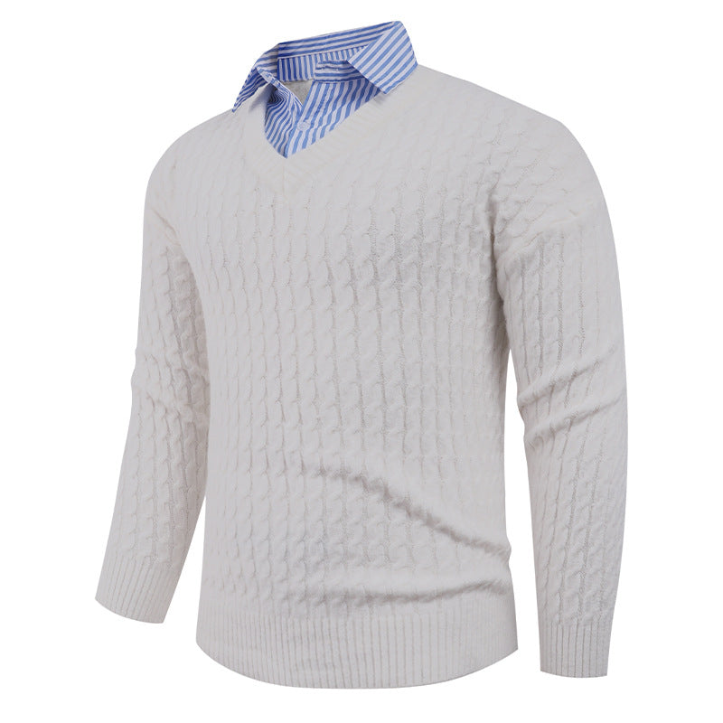 Herren Strickpullover mit Zopfmuster und V-Ausschnitt R&B