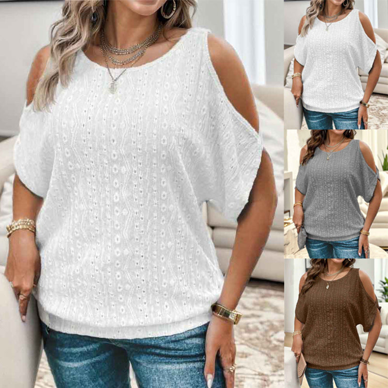 Damen modisches Oberteil mit offenem Schulterdesign und strukturiertem Lochmuster R&B