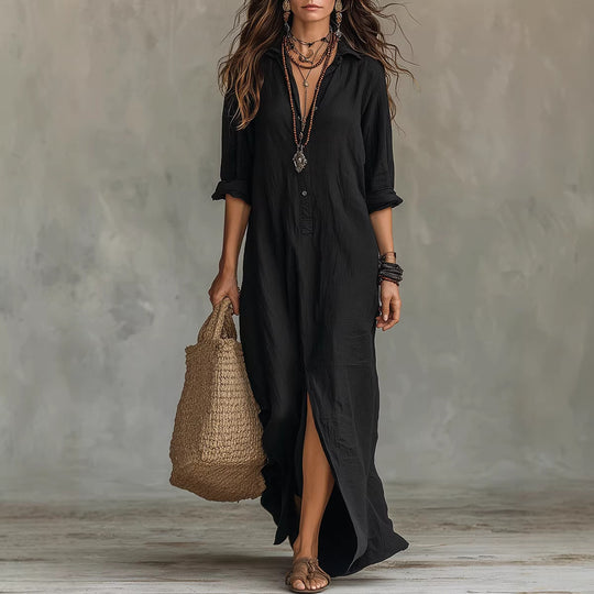 Damen Langes Hemdkleid mit Knopfverschluss und seitlichem Schlitz R&B