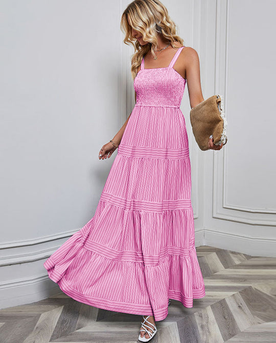 Damen Sommermaxikleid mit gerafftem Oberteil und asymmetrischem Saum R&B
