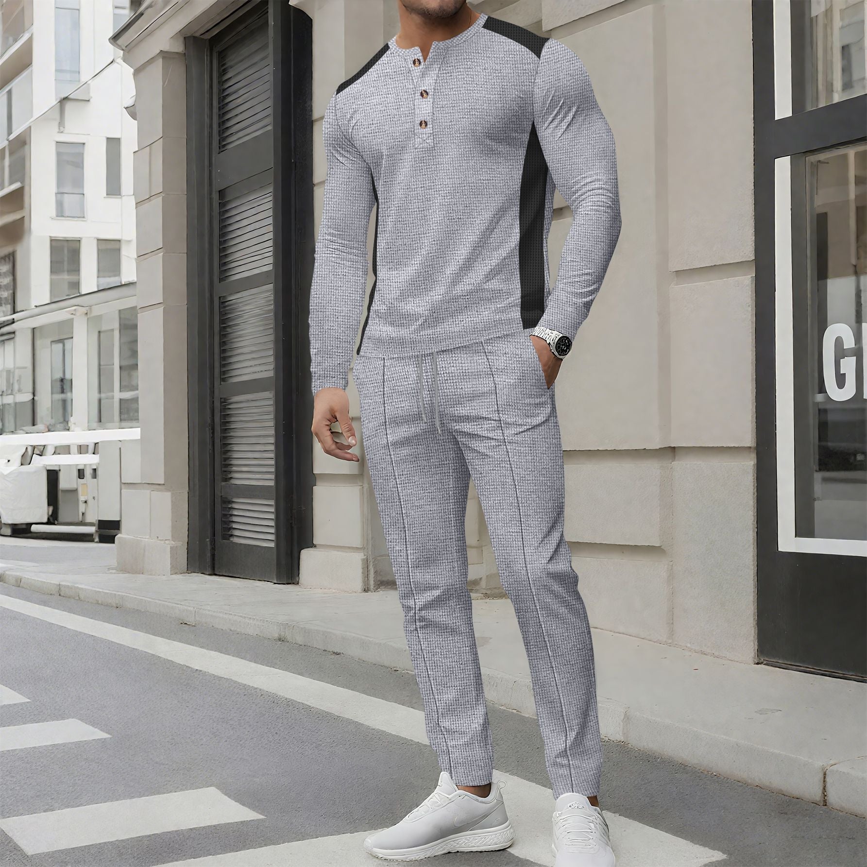 Herren modisches Freizeit-Set mit strukturiertem Langarmshirt und passenden Jogginghosen R&B