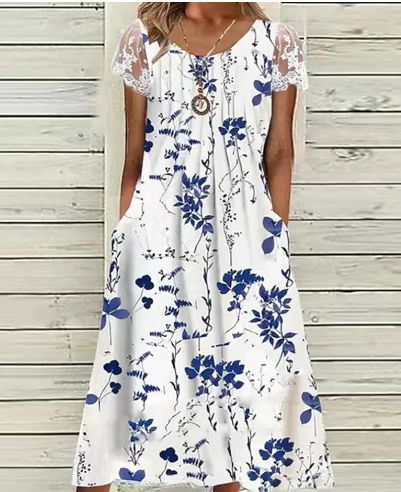 Damen Sommerliches Freizeitkleid mit Spitzenärmeln und originellem Blumendruck Heidi-Mode