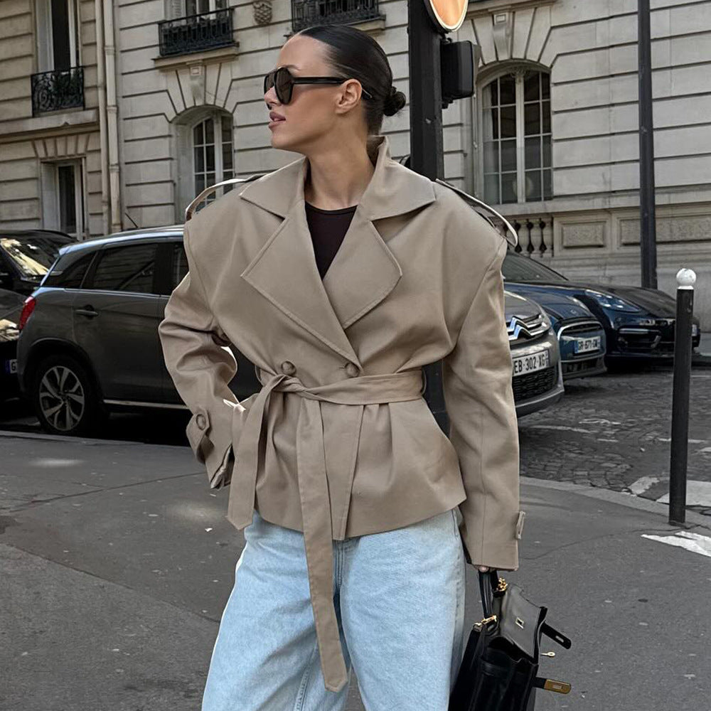 Damen Modischer Trenchcoat mit tailliertem Gürtel und überschnittenen Schultern R&B