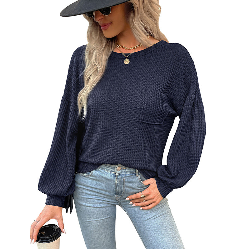 Damen Lässiger Langarmshirt mit strukturiertem Design und dekorativem Taschen R&B