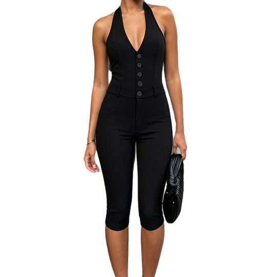 Damen figurbetonter Jumpsuit mit elegantem Halterneck und Knopfleiste R&B