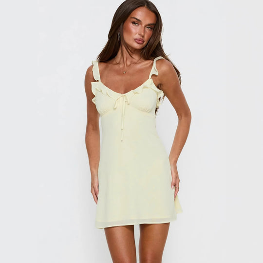 Damen leichtes Sommerkleid mit Rüschendetails und verstellbaren Trägern R&B
