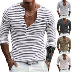 Herren nan gestreiftes Henley-Langarmshirt mit schmaler Knopfleiste, leichtem Baumwollstretch und lässigem Regular Fit R&B