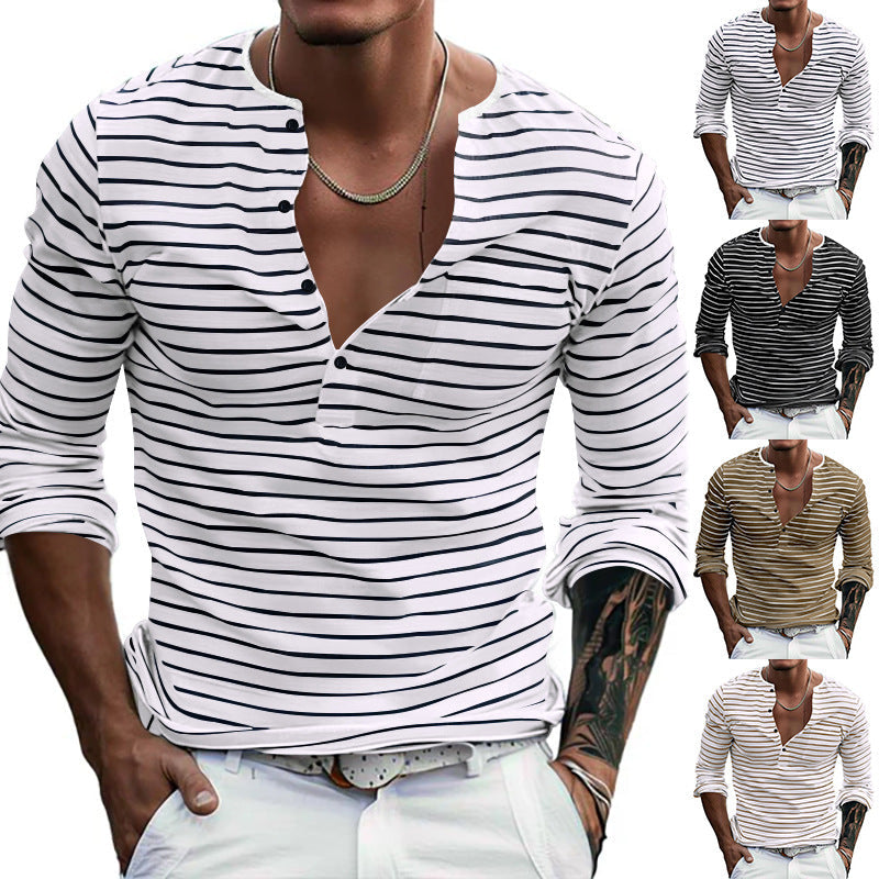 Herren nan gestreiftes Henley-Langarmshirt mit schmaler Knopfleiste, leichtem Baumwollstretch und lässigem Regular Fit R&B