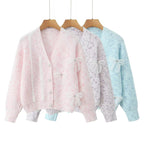 Damen Strickjacke mit dekorativen Schleifen und zartem Muster R&B