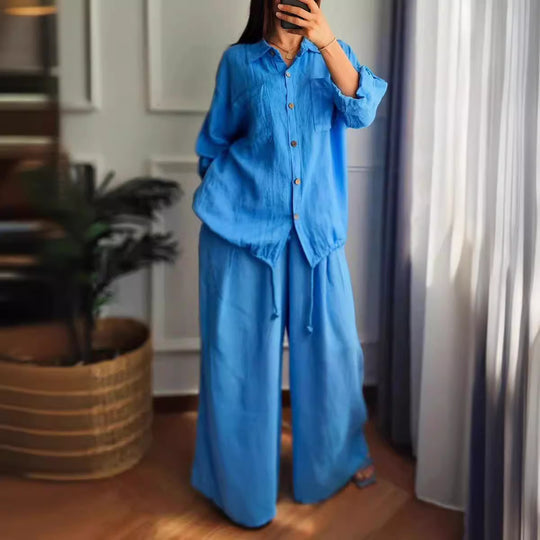 Damen Leinen-Set mit weiten Hosen undlässiger Bluse R&B