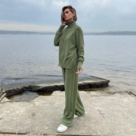 Damen Strick-Loungewear-Set mit hohem Kragen und weitem Schnitt R&B