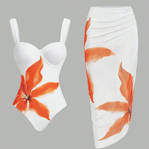Damen Badeanzug mit elegantem floralem Design und passendem Wickelrock R&B