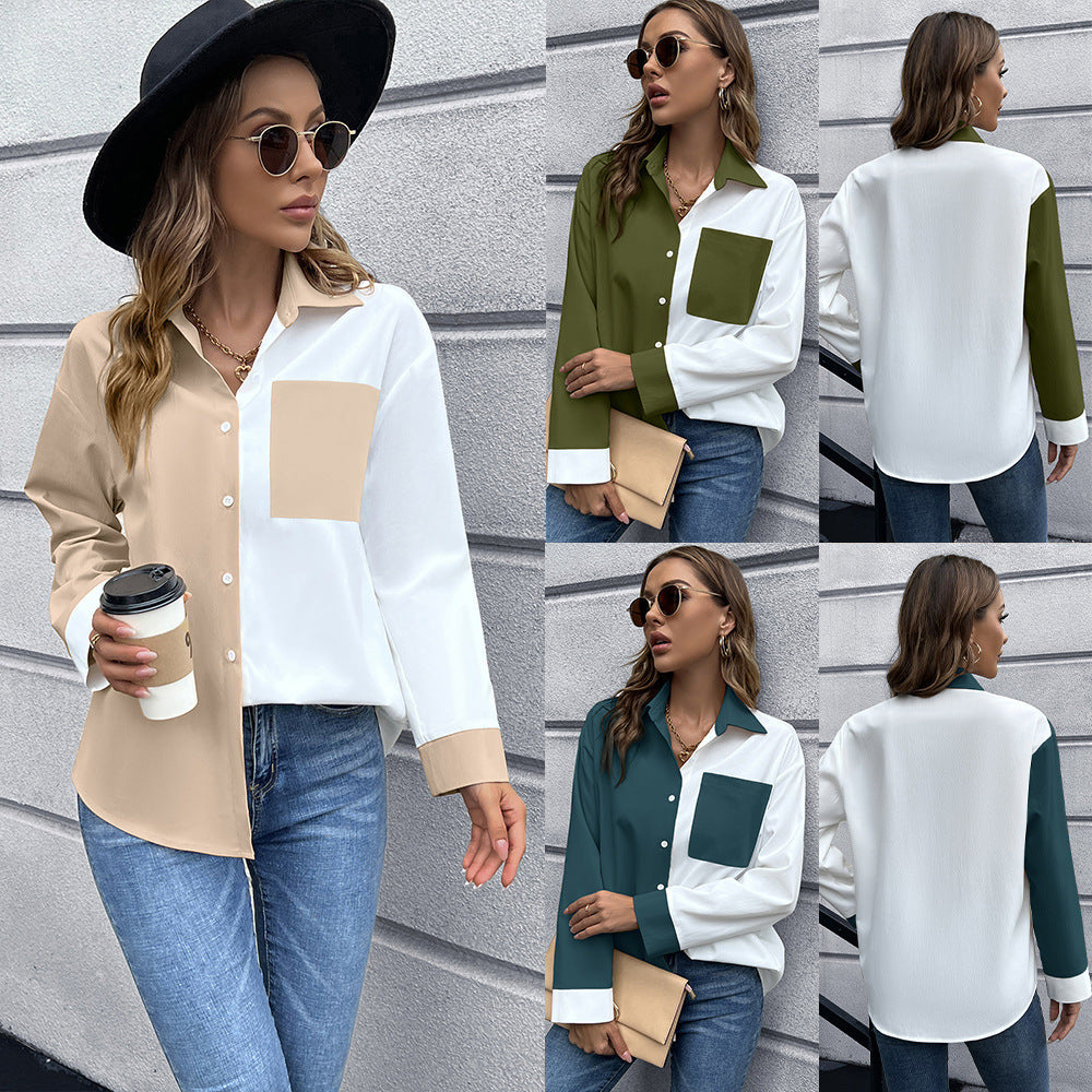 Damen Elegante Oversized Bluse mit Kontrastpaten R&B