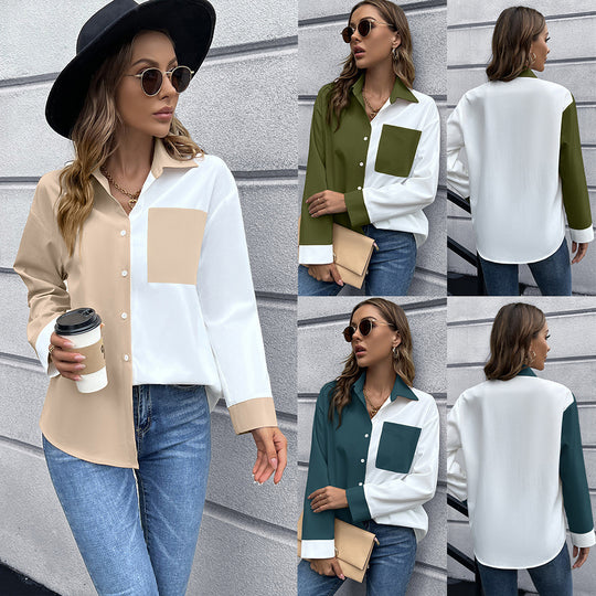 Damen Elegante Oversized Bluse mit Kontrastpaten R&B