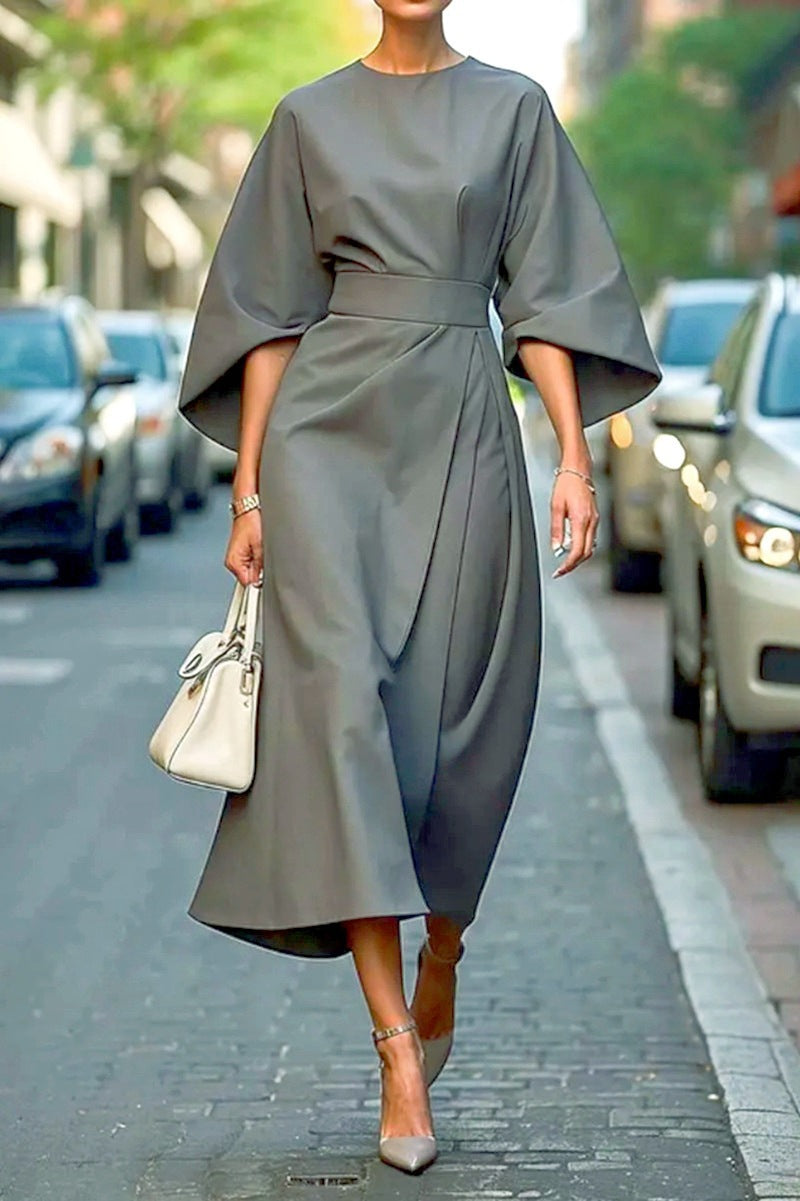 Damen Maxikleid mit eleganten Ballonärmeln und Taillengürtel R&B