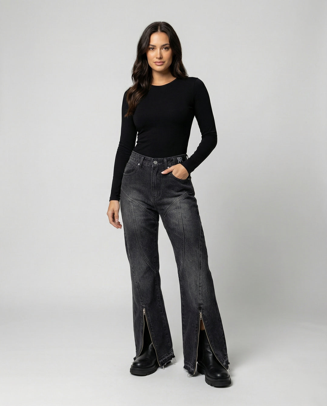 Micro-Flare Jeans mit Metall-Reißverschluss Grau