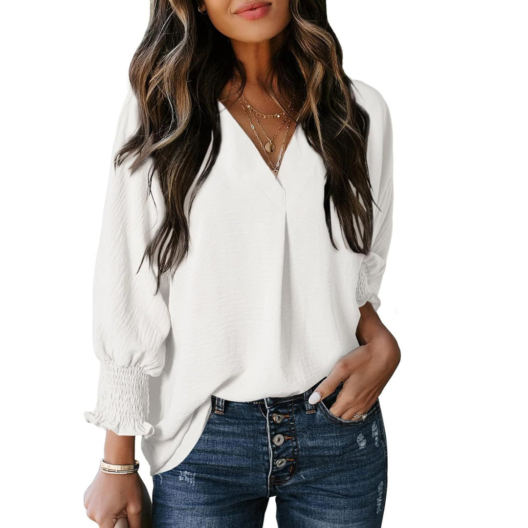 Damen V-Ausschnitt Bluse mit lässigen Ballonärmeln und Rüschendetails R&B