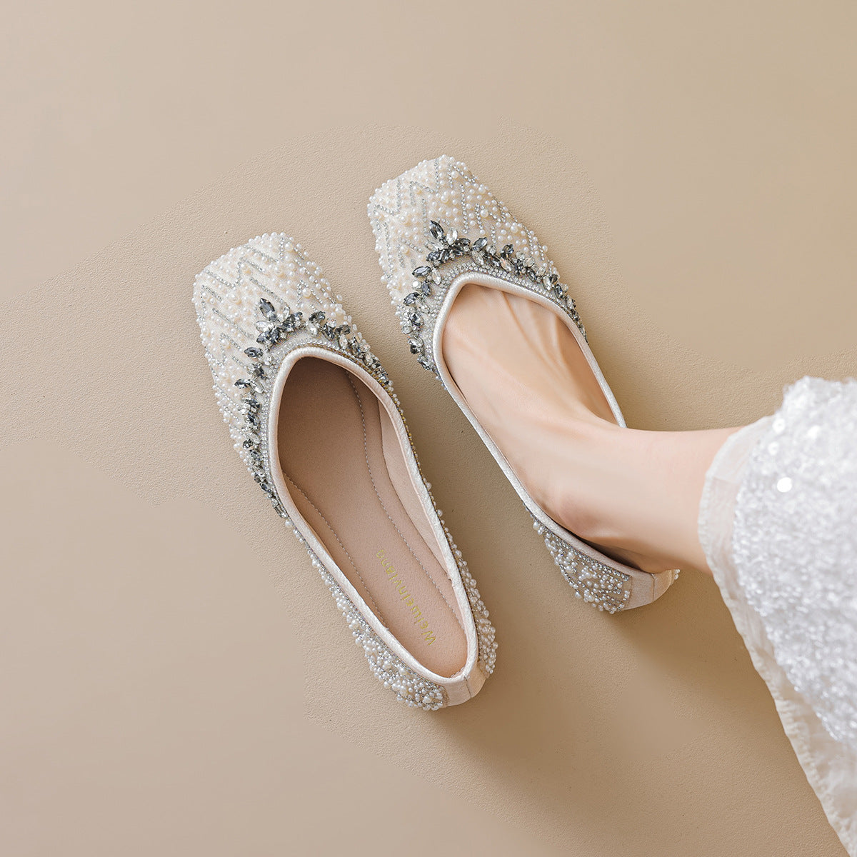 Damen Ballerinas mit funkelnder Strass- und Perlenverzierung