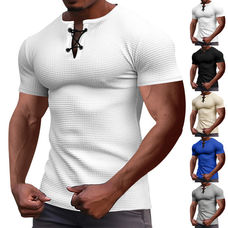 Herren nan Kurzarmshirt mit Schnürkragen, Metallösen und feinem Strukturjersey R&B