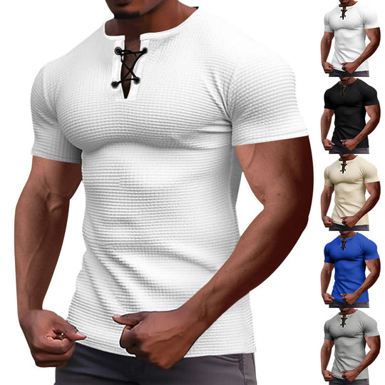 Herren nan Kurzarmshirt mit Schnürkragen, Metallösen und feinem Strukturjersey R&B