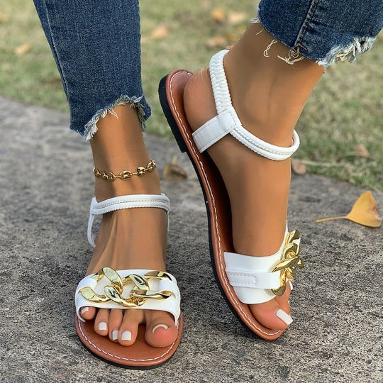 Damen elegante Riemchen-Sandalen mit auffälliger Schmuckapplikation R&B