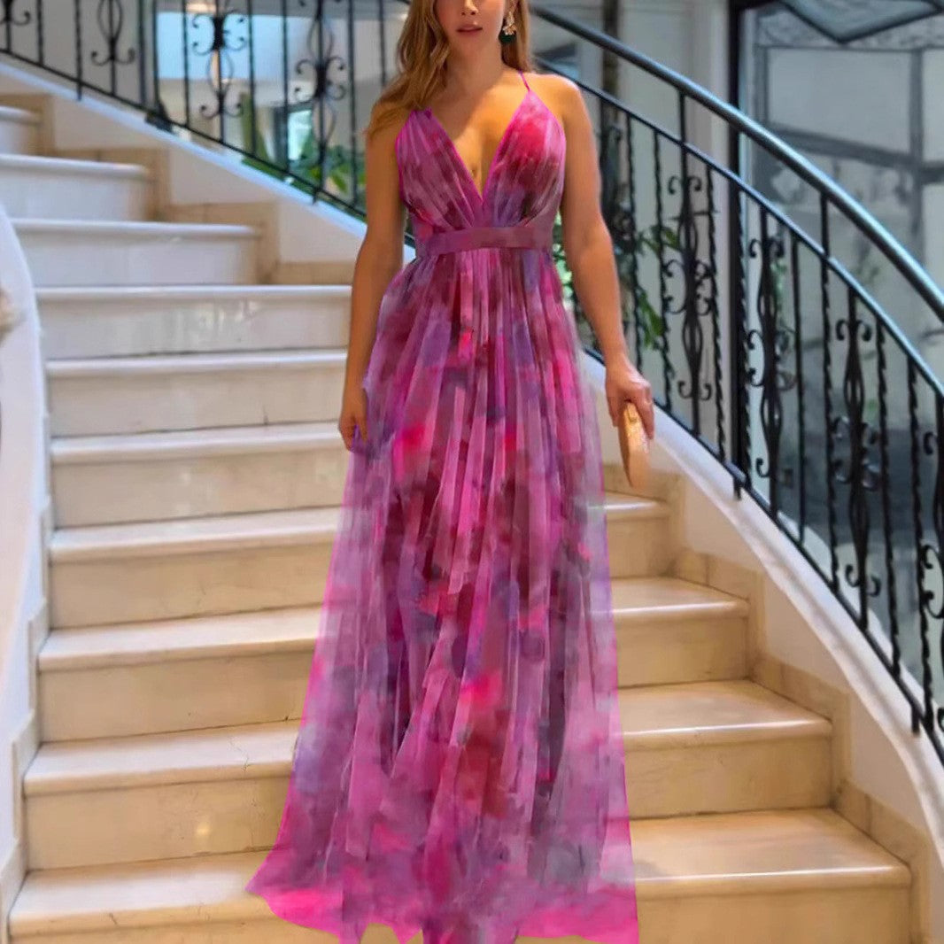 Damen Elegantes Maxikleid mit tiefem V-Ausschnitt und luftigen Stoffschichten R&B