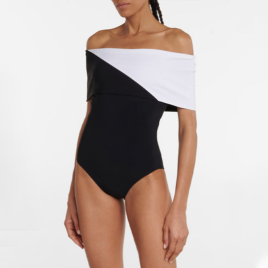 Damen Badeanzug mit modischem Off-Shoulder Design und eleganter Rüschen-Maxiröhre R&B